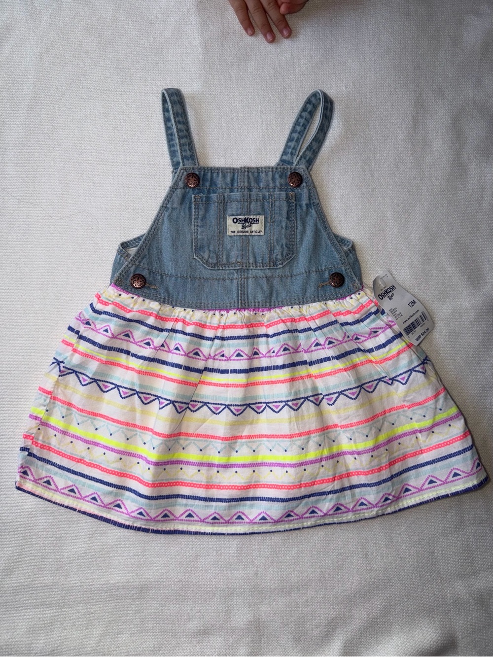 OshKosh B'gosh Denim Bib Overall Dress with Multicolor Stripe Skirt